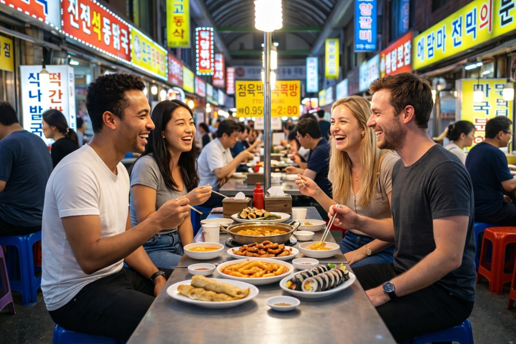 A vibrant, candid photograph taken inside a bustling Korean night market, showing
 four diverse foreign travelers laughing and enjoying authentic local dishes like Tteokbokki and 
Gimbap at a brightly lit food stall with Hangul neon signs in the background.