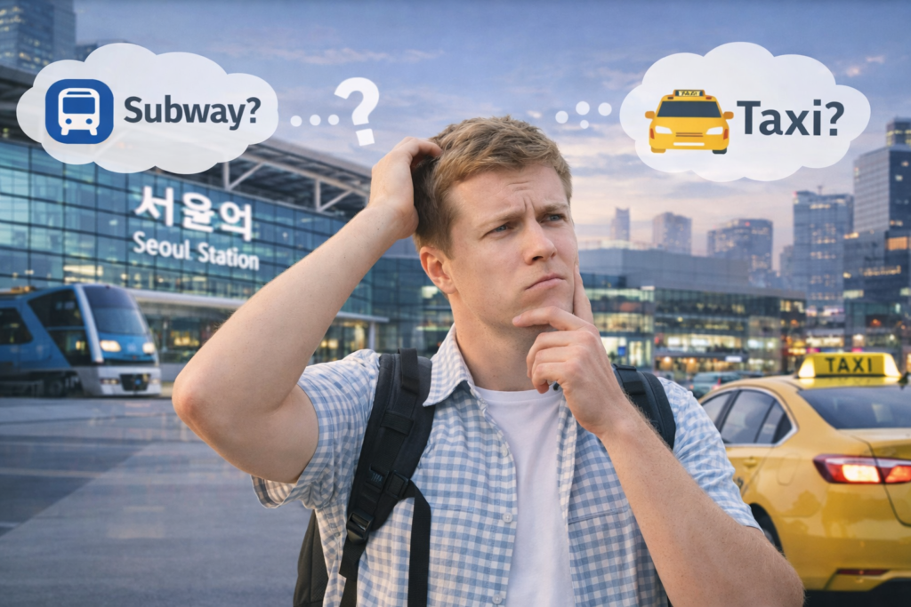 Foreign tourist outside Seoul Station deciding between taking the subway or a taxi to Gangnam in Seoul.
