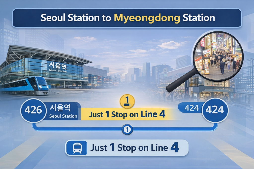 Infographic showing that Myeongdong Station is just one stop from Seoul Station on Seoul Subway Line 4.