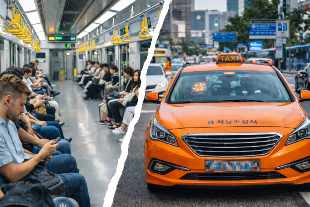Seoul subway interior and orange taxi shown together in one comparison image in South Korea