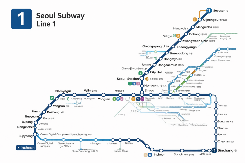 Seoul Subway Line 1 route map showing major stations including Seoul Station, City Hall, Jongno 3-ga, and Dongdaemun
