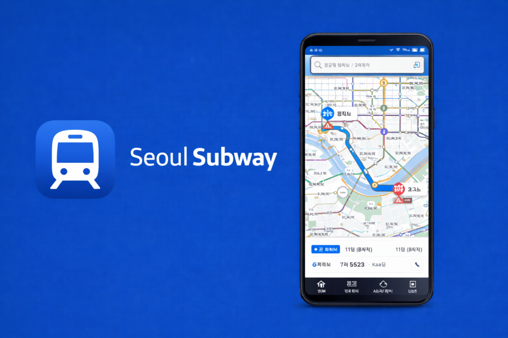 Seoul Subway navigation app showing subway route map on smartphone with Seoul Subway brand logo