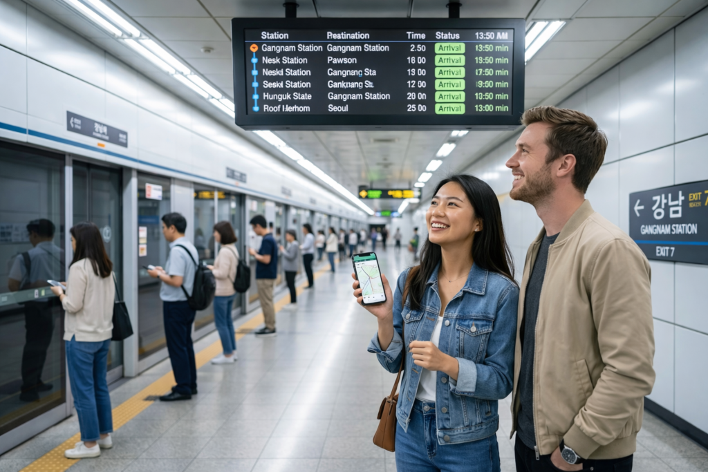A wide-angle photograph capturing two diverse foreign travelers smiling and using their smartphones to navigate inside a modern, 
clean, and brightly lit Seoul subway station platform in 2026, with a large overhead digital sign clearly displaying destination 
and arrival information entirely in English text.