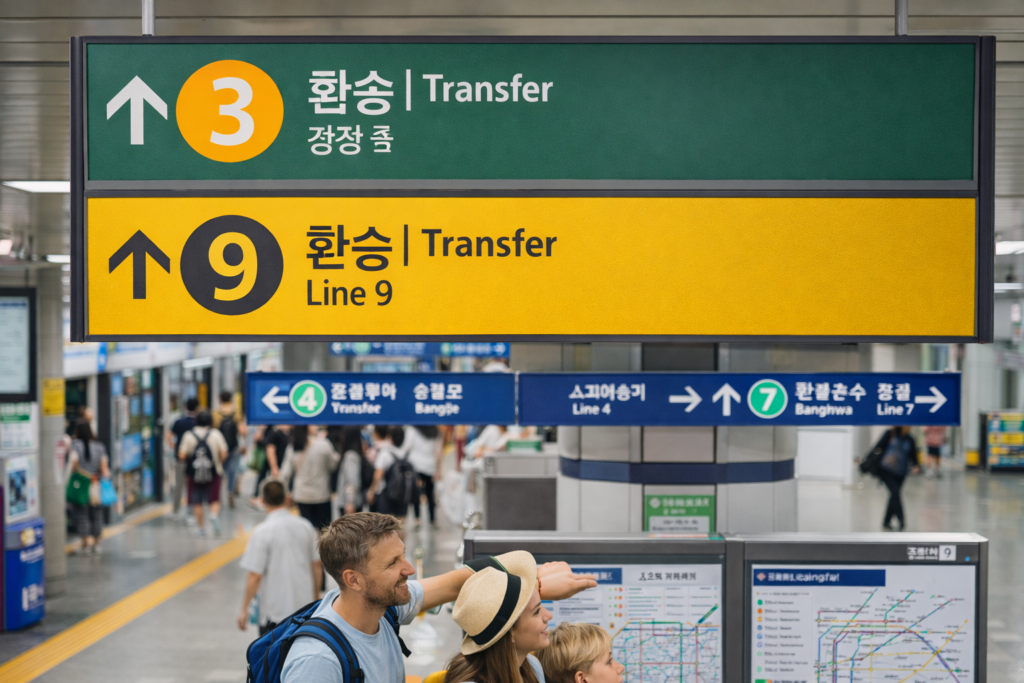 Seoul subway transfer sign showing line changes inside a subway station in South Korea