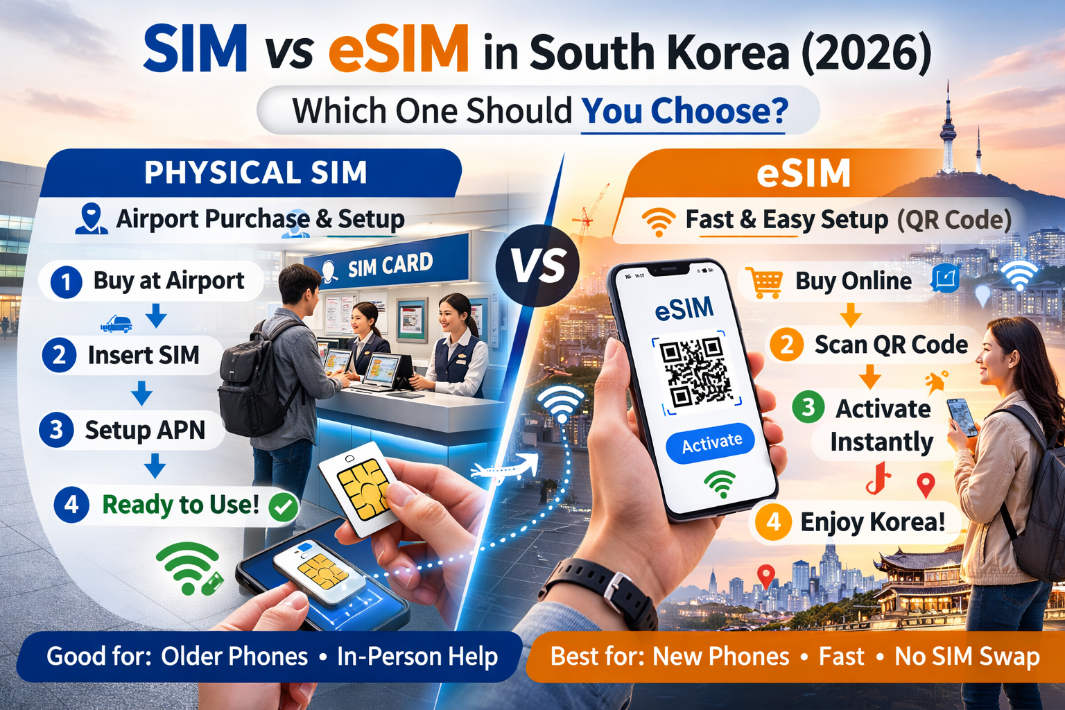Comparison of SIM card and eSIM options for travelers visiting South Korea