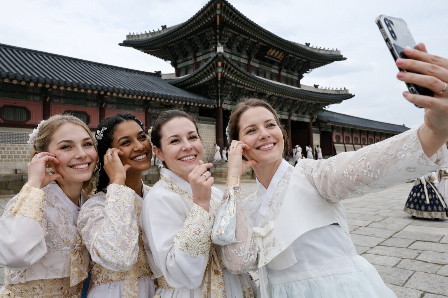 A group of international travelers exploring a vibrant and secure neighborhood in Seoul, illustrating South Korea's high safety standards for tourists.