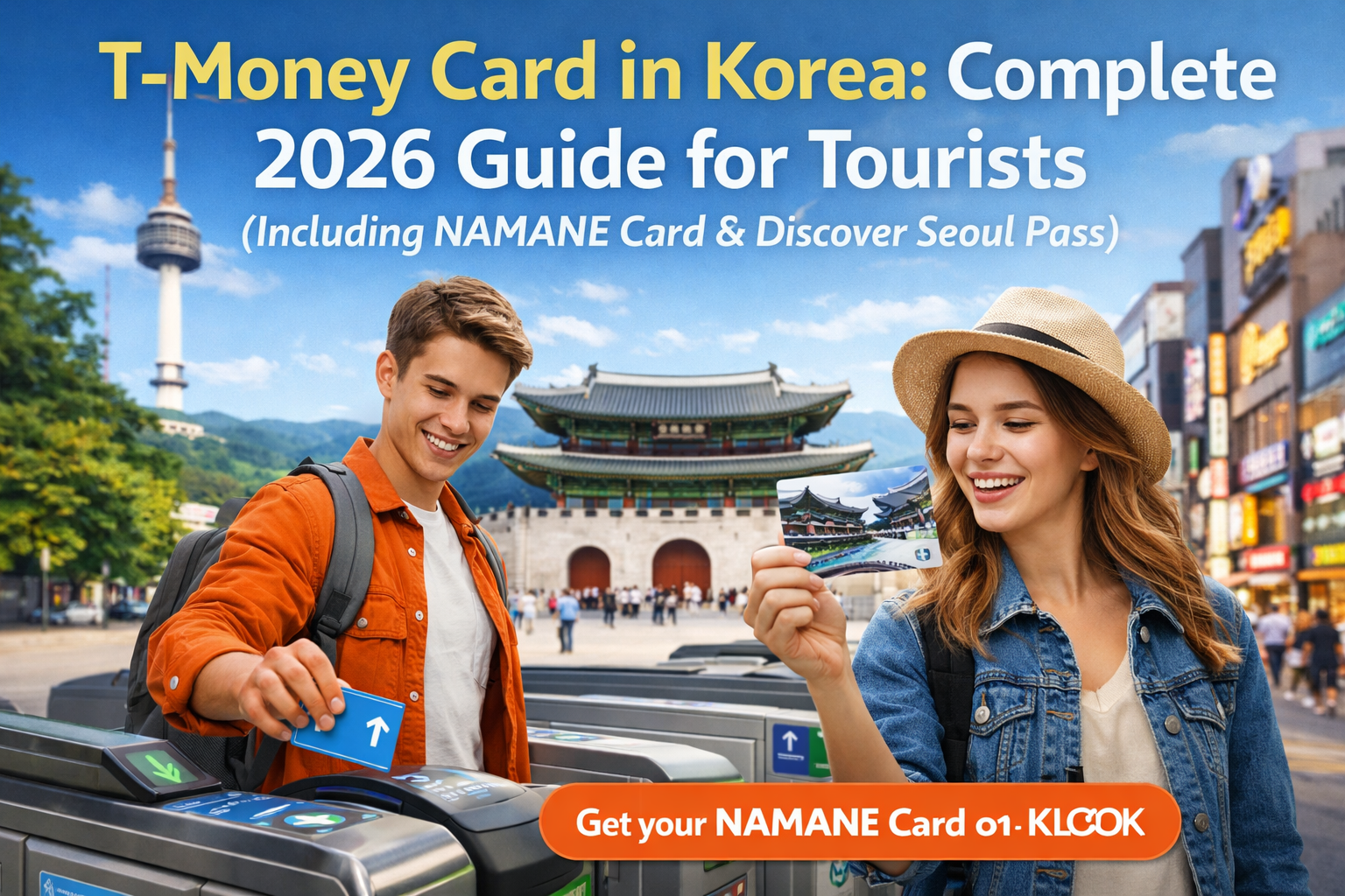 Featured image showing two foreign travelers in Seoul using a T-Money card and a NAMANE card, with Korean city landmarks and public transportation elements representing a complete 2026 guide for tourists in Korea.