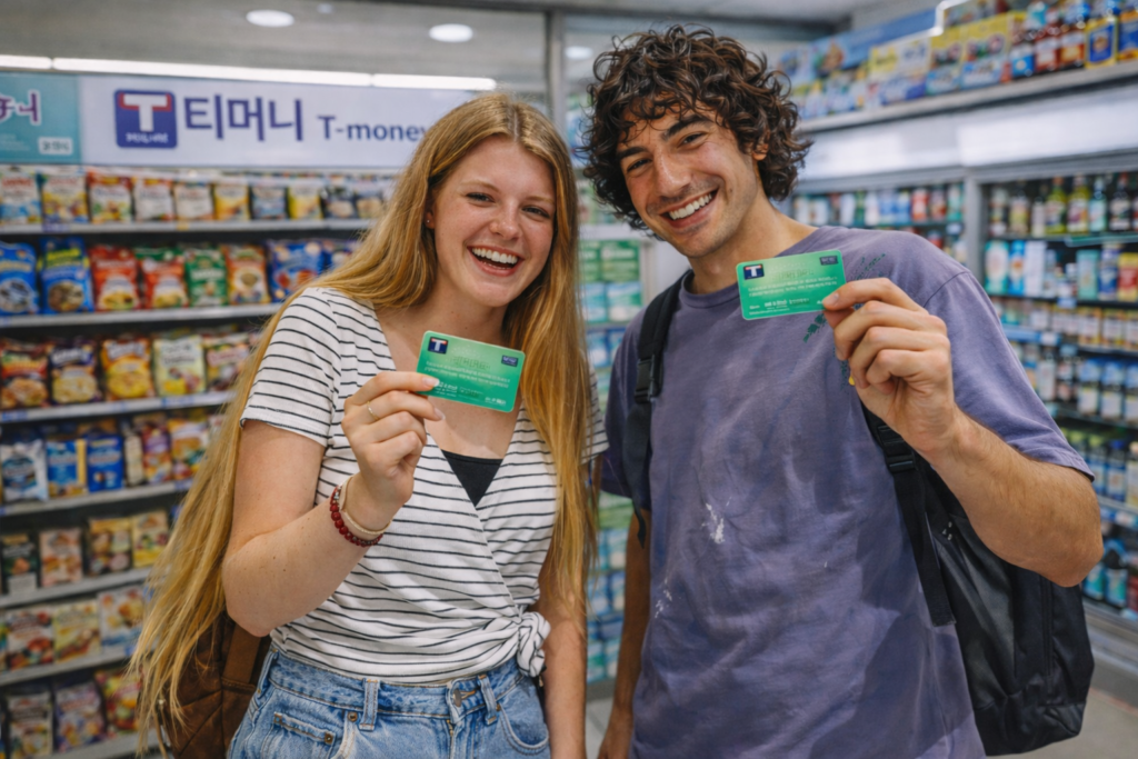 Travelers showing T-Money cards after buying them at a Korean convenience store