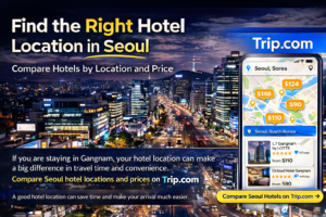 Trip.com banner showing Gangnam skyline and hotel comparison by location and price for travelers staying in Seoul