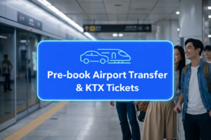 A professional blue call-to-action button with car and train icons that says 'Pre-book Airport Transfer & KTX Tickets', designed for 
Trip.com affiliate integration.
