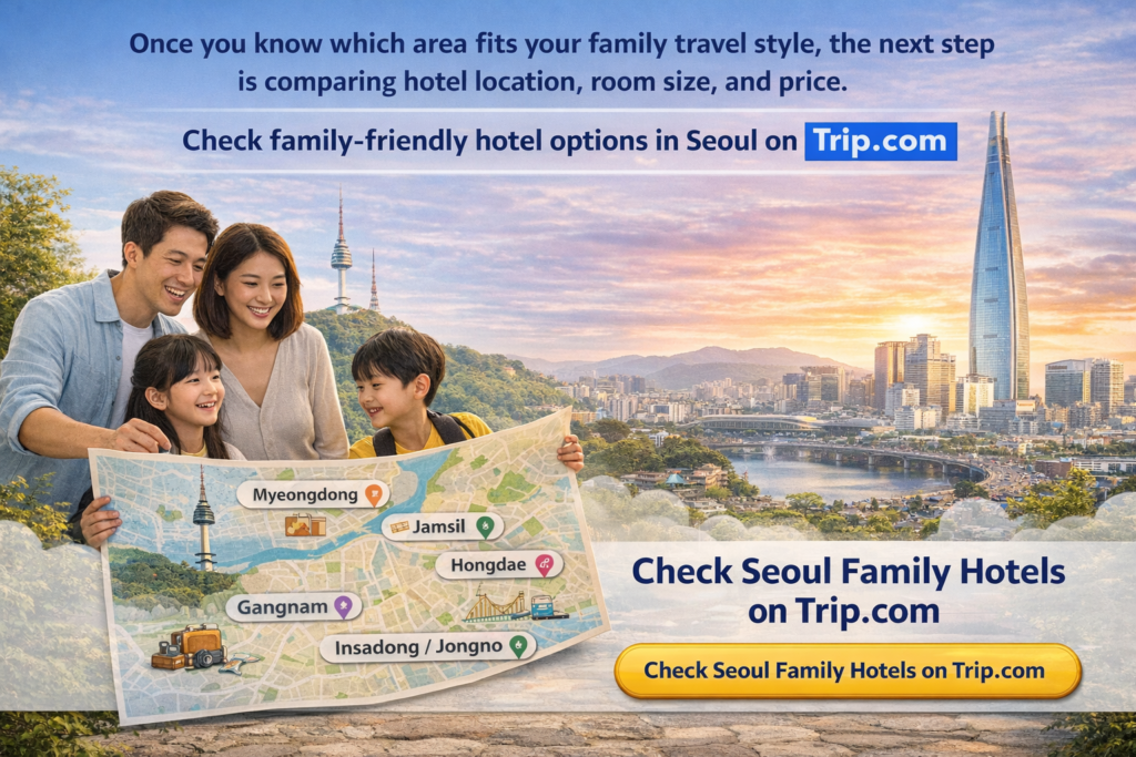 Trip.com banner showing a family comparing Seoul hotel areas on a map with a call to check family-friendly hotel options in Seoul