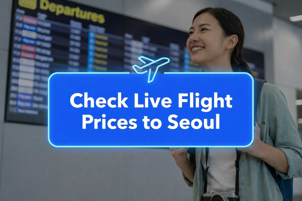 A professional blue call-to-action button with a white airplane icon that says 
'Check Live Flight Prices to Seoul', 
designed for Trip.com affiliate integration.