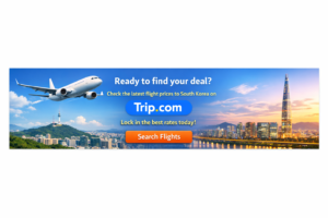 Trip.com flight search banner promoting the latest flight prices to South Korea, featuring an airplane, Seoul skyline, and a call to search for the best rates today.