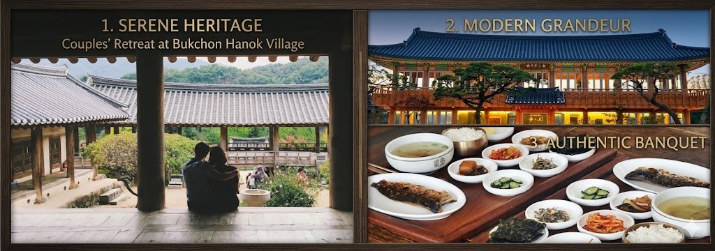 A single horizontal composite image showcased in a stylized diptych format within a dark wood frame, illustrating a traditional and modern Korean 'Unique Hanok Stay' experience. On the left, titled '1. SERENE HERITAGE | Couples' Retreat at Bukchon Hanok Village,' a couple viewed from behind sits on the wooden veranda of a traditional Hanok, looking out over a peaceful courtyard, old buildings, and a distant hillside. The right side is split; the top half, titled '2. MODERN GRANDEUR,' features a magnificent, multi-story modern-Hanok style hotel (specifically The Shilla Seoul's Hanok complex) at twilight, its roof eaves colorful and windows glowing with warm interior light, set among meticulous pine trees. The bottom half, titled '3. AUTHENTIC BANQUET,' presents two full, elaborate traditional Korean Hanjeongsik (full-course traditional meals) on wooden trays, featuring various detailed side dishes, soups, grilled fish, and rice served in authentic brassware and ceramic bowls. The composition contrasts historical elegance with modern luxury and culinary arts, telling a complete story of a premium cultural accommodation experience. All text is engraved brass style. The lighting across the composite is harmonious twilight.