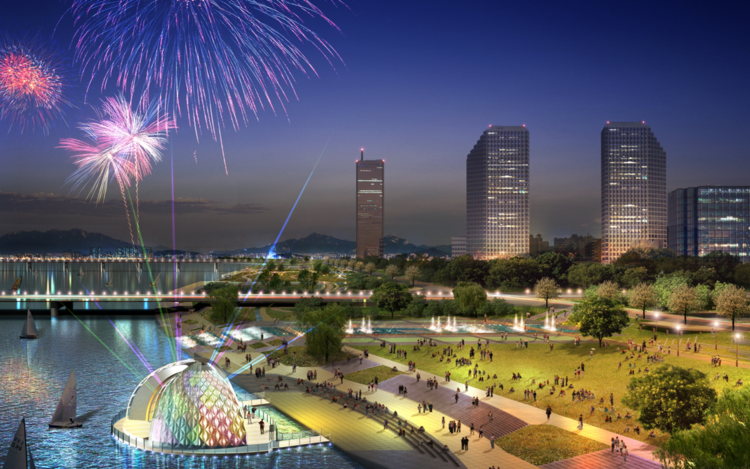Yeouido Hangang Park in Seoul at night with fireworks and visitors enjoying the riverside park along the Han River