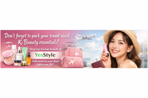 YesStyle banner promoting travel-sized K-beauty essentials, featuring Korean skincare and makeup products, a traveler at the airport, and a message about shopping top Korean brands before flying.