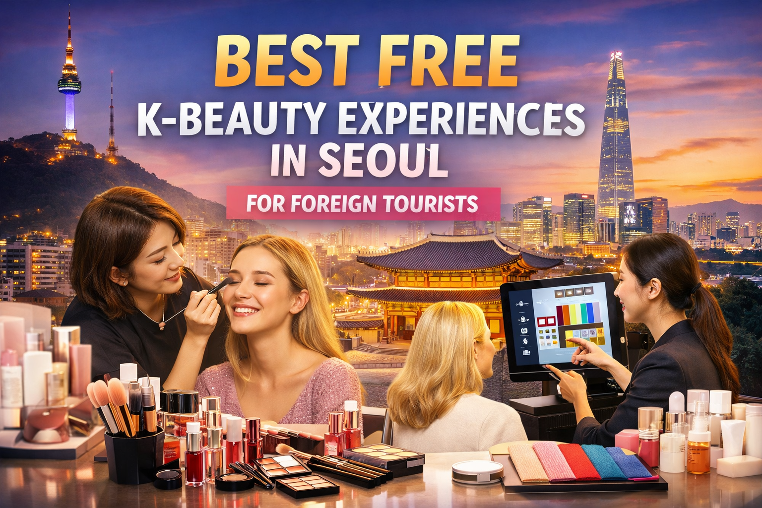 Foreign tourist enjoying a free K-beauty experience in Seoul, including makeup service and personal color analysis, with iconic Seoul landmarks in the background