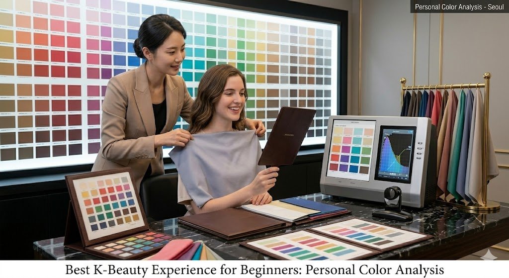 A foreign woman smiling brightly as a Korean beauty consultant places a fabric drape over her during a personal color analysis in a professional studio. The desk is filled with color swatches and diagnostic equipment. Text reads 'Best K-Beauty Experience for Beginners: Personal Color Analysis'.