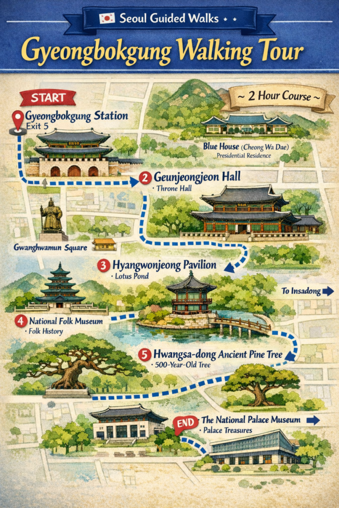 Illustrated English navigation map for the Gyeongbokgung Walking Tour in Seoul, showing the main route, major landmarks, and an approximate 2-hour course.