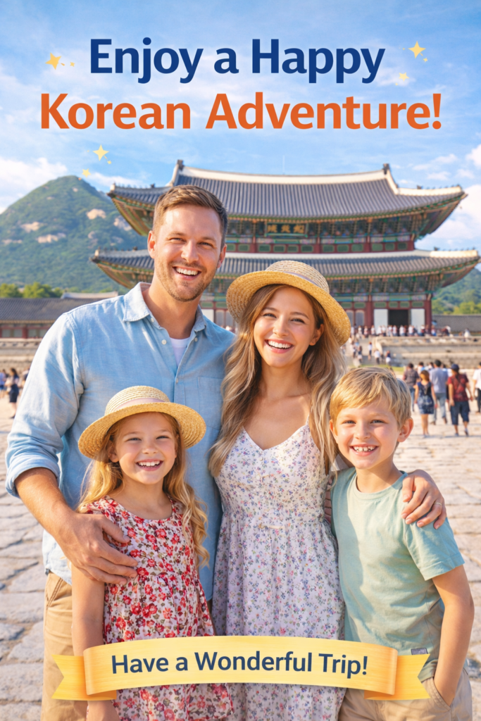 Poster showing a smiling foreign family in front of Gyeongbokgung Palace with a cheerful message encouraging a happy trip to South Korea.