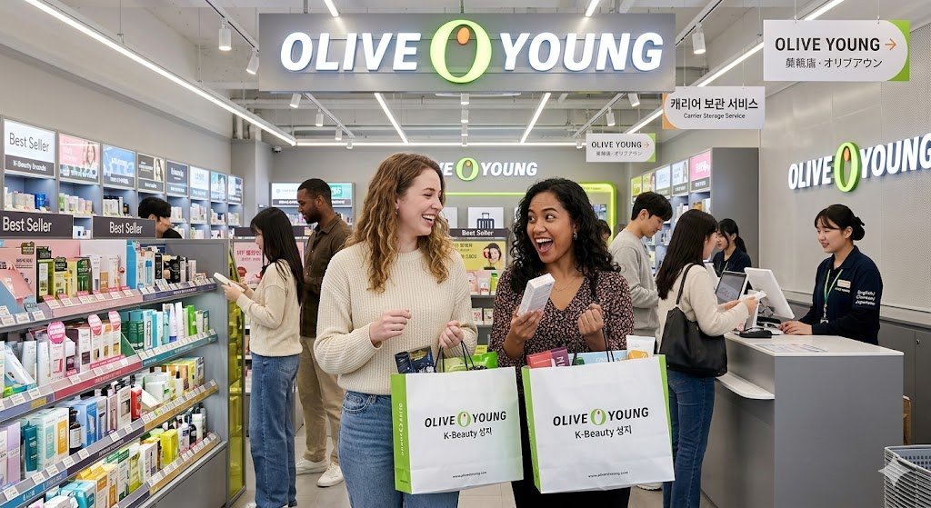 Two foreign female tourists smiling brightly while holding Olive Young shopping bags inside a K-beauty store in Korea.