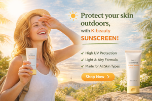 Smiling foreign woman standing in bright sunlight outdoors while holding sunscreen, with a warm sunny background and a travel-friendly K-beauty sun protection theme