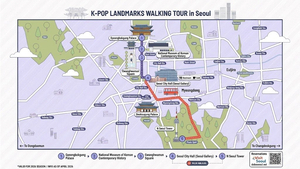 영어 파일명:
k-pop-landmark-walking-tour-route-3-map.png
Alt text (대체 텍스트):
An English-language illustrated map of the 'K-POP Landmarks Walking Tour (Route 3)' in Seoul. The map displays a walking path (purple dotted line) and a bus transfer section (red dotted line). The five numbered stops are: 1. Gyeongbokgung Palace, 2. National Museum of Korean Contemporary History, 3. Gwanghwamun Square, 4. Seoul City Hall (Seoul Gallery), and 5. N Seoul Tower. The bus icon indicates transportation from Seoul City Hall toward the N Seoul Tower area. Other landmarks shown include Deoksugung Palace, Myeongdong, and various subway stations like City Hall Sta. and Gwanghwamun Sta. A 'Visit Seoul' reservation box with a QR code and the URL 'doboseoul.net' is located at the bottom right. The map uses a clean vector style with representative icons for traditional palaces and the N Seoul Tower.