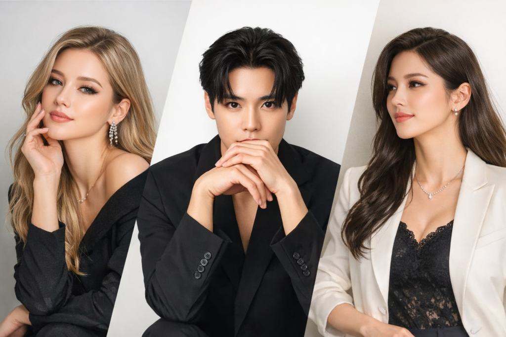 Stylish featured image showing two foreign women and one foreign man with polished Korean hair styling, professional makeup, and elegant fashion in a modern studio composition inspired by Korean beauty trends.