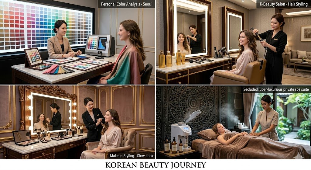 A collage showing a foreign female tourist enjoying a luxurious K-beauty experience in Seoul, including personal color analysis, high-end hair styling, premium makeup services, and a relaxing head spa treatment."