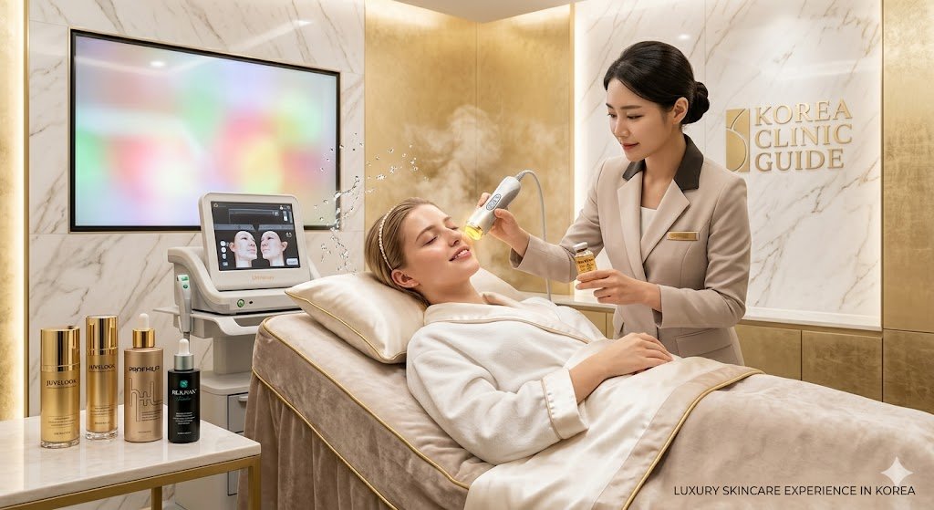 A beautiful Caucasian female model receiving a premium facial treatment at a luxury Korean skin clinic. A professional dermatologist uses advanced medical devices for skin rejuvenation, with a digital screen showing 'KOREA CLINIC GUIDE' in a high-end marble and gold interior.