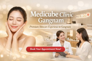 Promotional banner for Medicube Clinic Gangnam, showing a premium Korean skincare clinic experience in Seoul with glowing skin, modern clinic interior, and a consultation scene for foreign visitors.