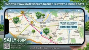 A promotional banner for Saily eSIM featuring a smartphone displaying a detailed English map of Seoul with 'Nature Spot' icons. The screen shows navigation features like Maps, GPS, and Station exits. The banner includes the text 'NEVER GET LOST! Stay Connected' and a QR code for Saily eSIM, emphasizing seamless travel through Seoul's nature spots with mobile data.