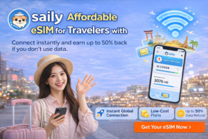 Horizontal Saily eSIM banner in English showing a traveler with a smartphone, instant global connection, low-cost plans, and data refund benefits for South Korea travel.