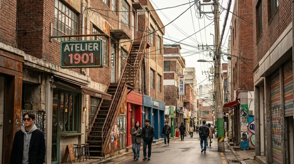 Industrial photo spot in Seongsu, Seoul, featuring old red-brick factory buildings, narrow urban streets, and a trendy retro atmosphere popular for street photography.