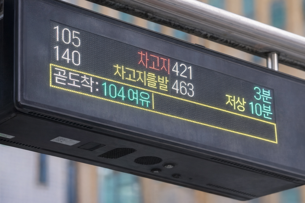 Electronic bus information display in Seoul showing real-time bus arrival times, route numbers, and destination details at a bus stop.
