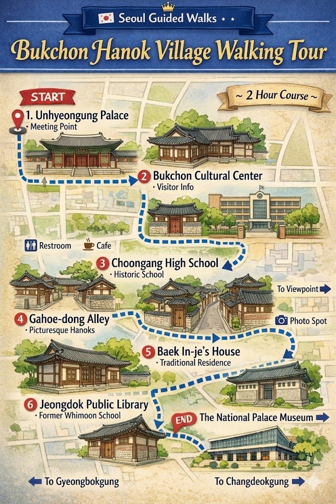 An illustrated poster with a vintage map design for the 'Bukchon Hanok Village Walking Tour' in Seoul. The poster has a decorative banner at the top that reads "Seoul Guided Walks." The map shows a detailed blue walking path with numbered stops, starting at '1. Unhyeongung Palace (Meeting Point)' and ending at '6. Jeongdok Public Library.' Other key locations including the 'Bukchon Cultural Center,' 'Choongang High School,' 'Gahoe-dong Alley,' and 'Baek In-je's House' are depicted with charming traditional Hanok building illustrations. Icons for a Cafe, Restroom, Viewpoint, and Photo Spot are along the route. The map is set against a parchment background and includes arrows pointing "To Gyeongbokgung" and "To Changdeokgung" and a scroll that says "~ 2 Hour Course ~".