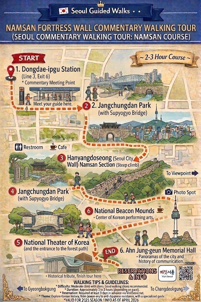 A vintage-style illustrated map for the Namsan Fortress Wall Commentary Walking Tour in Seoul. The map is set on a parchment-textured background with a blue banner at the top. The route is marked with an orange dashed line and numbered points: 1. Dongdae-ipgu Station (Line 3, Exit 6) as the meeting point, 2. Jangchungdan Park (with Supyogyo Bridge), 3. Hanyangdoseong Namsan Section (marked as a steep climb), 4. National Theater of Korea, 5. National Beacon Mounds, and 6. Ahn Jung-geun Memorial Hall as the end point. Detailed watercolor-style illustrations represent each landmark, including the N Seoul Tower and sections of the city wall. The poster includes icons for restrooms, cafes, and photo spots. The bottom section features 'WALKING TIPS & GUIDELINES' in English, including difficulty levels and reservation info, alongside the 'Visit Seoul' logo and a QR code for more details. Blue arrows at the bottom indicate directions to Gyeongbokgung and Changdeokgung.