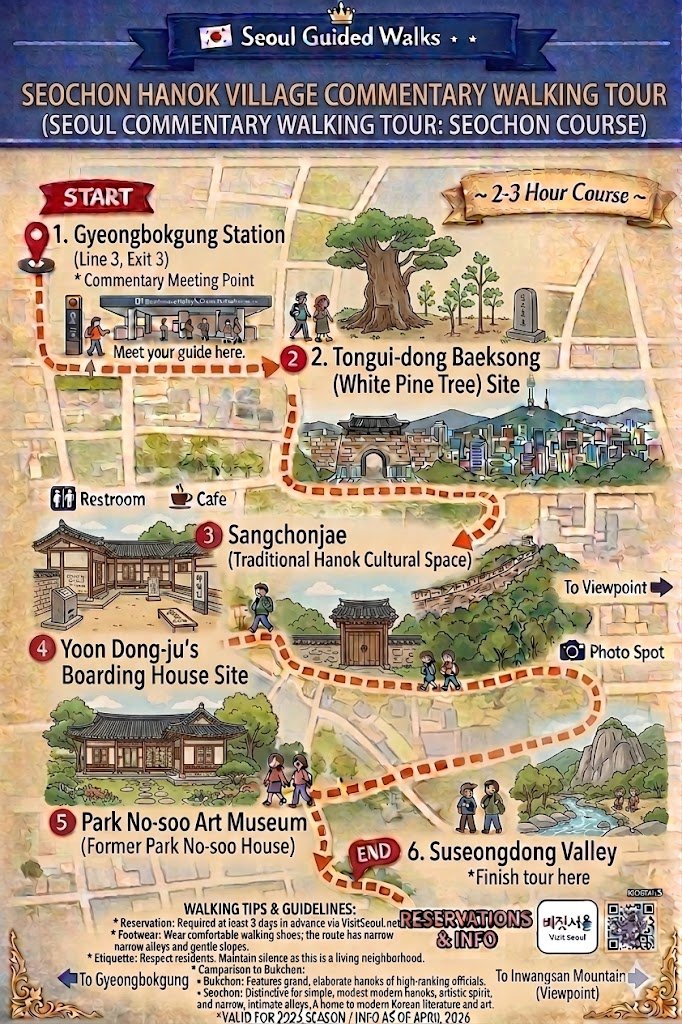 A vintage-style illustrated map for the Seochon Hanok Village Commentary Walking Tour in Seoul. The map is set on a parchment-textured background with a blue banner at the top. The route is marked with an orange dashed line and numbered points: 1. Gyeongbokgung Station (Line 3, Exit 3) as the meeting point, 2. Tongui-dong Baeksong (White Pine Tree) Site, 3. Sangchonjae (Traditional Hanok Cultural Space), 4. Yoon Dong-ju's Boarding House Site, 5. Park No-soo Art Museum (Former Park No-soo House), and 6. Suseongdong Valley as the end point. Detailed watercolor-style illustrations represent each landmark, including traditional Korean houses and the scenic valley. The poster includes icons for restrooms, cafes, and photo spots. The bottom section features 'WALKING TIPS & GUIDELINES' in English, providing reservation info, footwear advice, and a comparison between Bukchon and Seochon. It also includes the 'Visit Seoul' logo and a QR code for reservations. Blue arrows at the bottom indicate directions to Gyeongbokgung and Inwangsan Mountain.