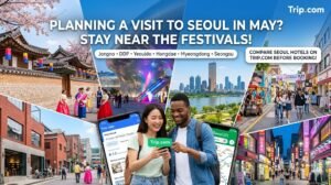 A travel banner for Trip.com featuring a collage of famous Seoul landmarks: a traditional hanok village with people in Hanbok, the futuristic Dongdaemun Design Plaza (DDP), Yeouido skyline by the Han River, and the vibrant streets of Seongsu and Myeongdong. In the center, a young couple is looking at a smartphone displaying the Trip.com hotel booking app. The main text reads: 'PLANNING A VISIT TO SEOUL IN MAY? STAY NEAR THE FESTIVALS!' and lists key areas: 'Jongno, DDP, Yeouido, Hongdae, Myeongdong, Seongsu'. A call-to-action button says 'COMPARE SEOUL HOTELS ON TRIP.COM BEFORE