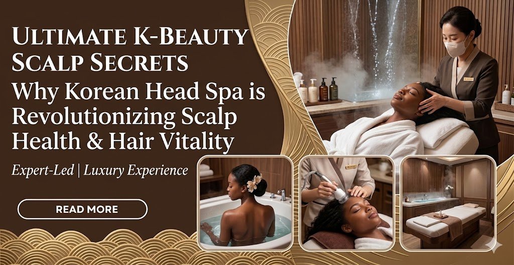 A luxury marketing banner for Korea Ready Guide titled 'Ultimate K-Beauty Scalp Secrets.' It features a beautiful Black female model enjoying a premium Korean head spa treatment with steam and expert scalp massage in a high-end spa setting. Smaller inset photos show a hair-washing bed, a professional tool being used on the scalp, and a relaxing bathtub."