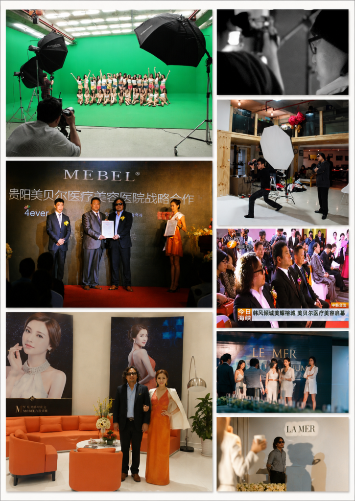 A collage showing Aidan’s entertainment business activities in Korea and overseas, including studio shoots, international beauty brand events, stage ceremonies, audience scenes, and behind-the-scenes production work.