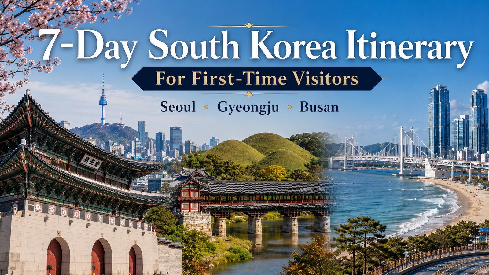 7-day South Korea itinerary featured image showing Seoul, Gyeongju, and Busan with a palace, royal tombs, historic bridge, beach, and city skyline.