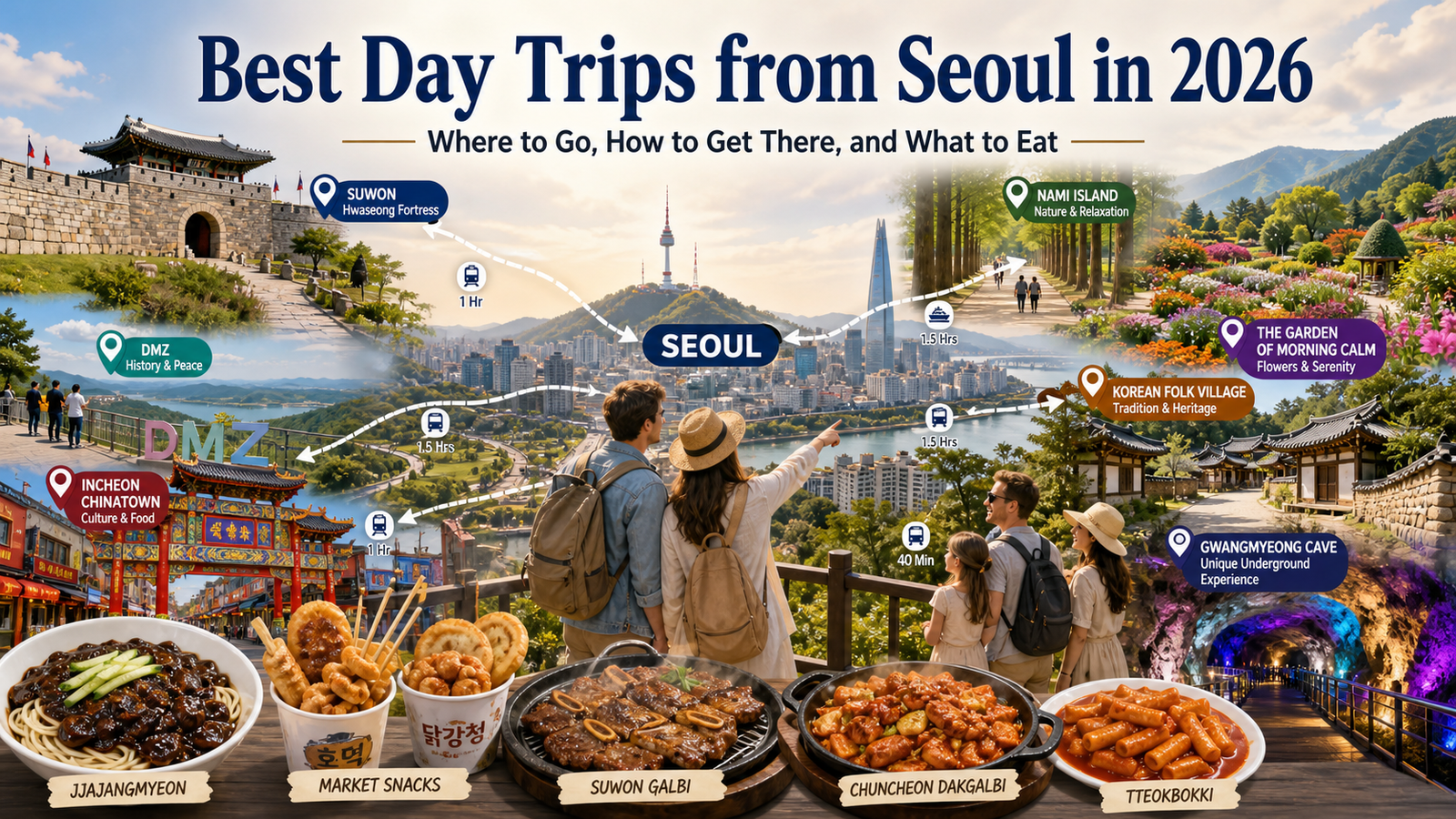 Featured image for Best Day Trips from Seoul in 2026, showing Suwon Hwaseong Fortress, Nami Island, the Garden of Morning Calm, DMZ, Korean Folk Village, Incheon Chinatown, and Gwangmyeong Cave, with local food highlights and travel routes from Seoul.