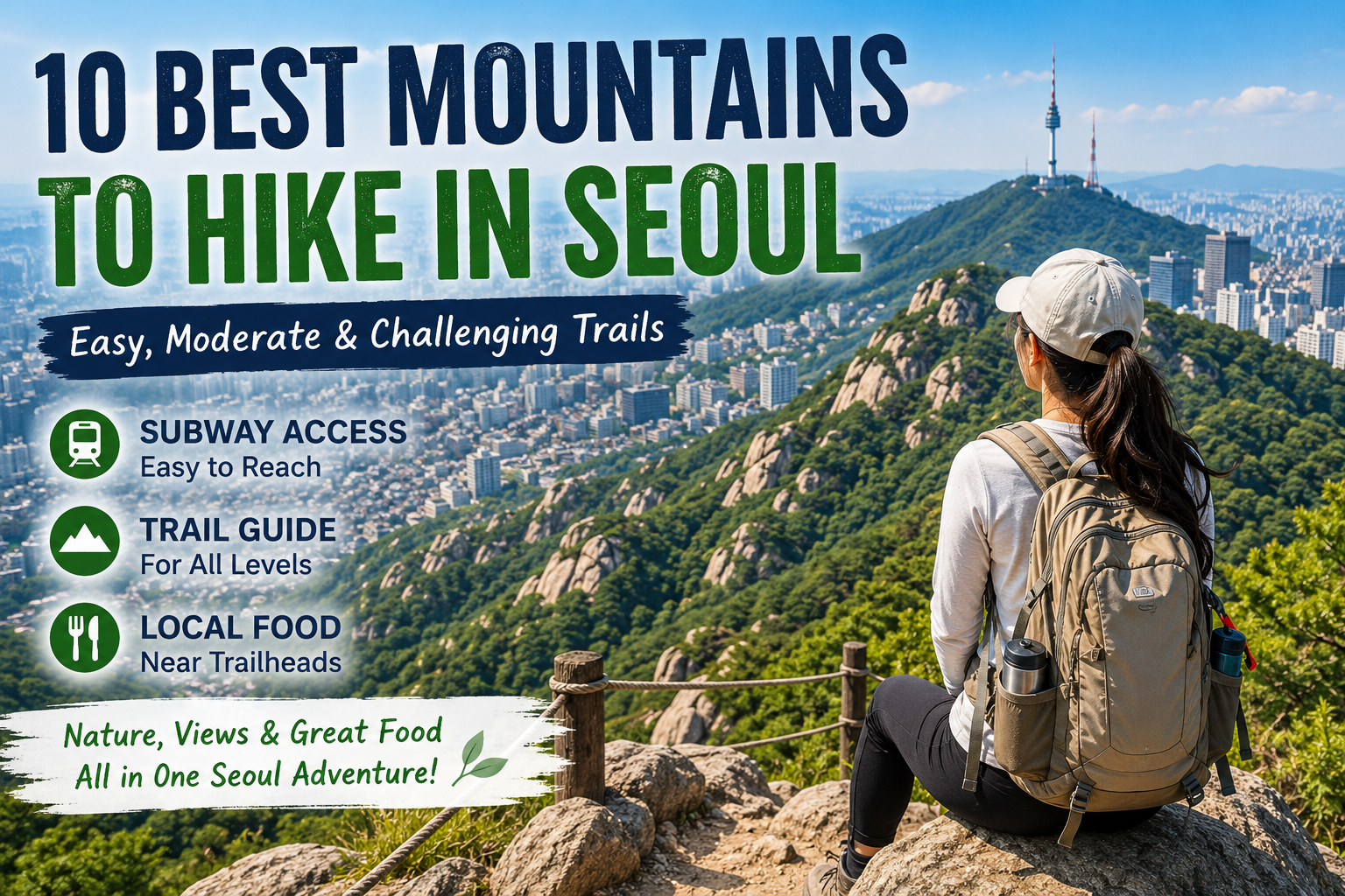 Female hiker overlooking Seoul mountains and city skyline, representing the best mountains to hike in Seoul for foreign tourists.