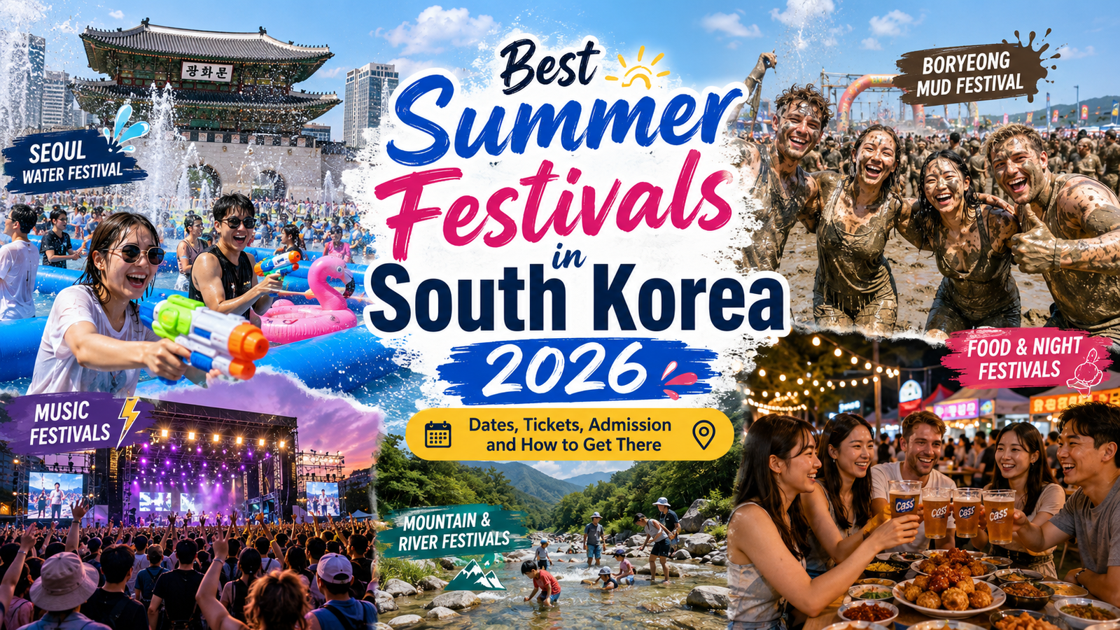 Colorful travel banner showing summer festivals in South Korea, including water festivals, mud festivals, music events, night food festivals, and mountain river activities for 2026.
