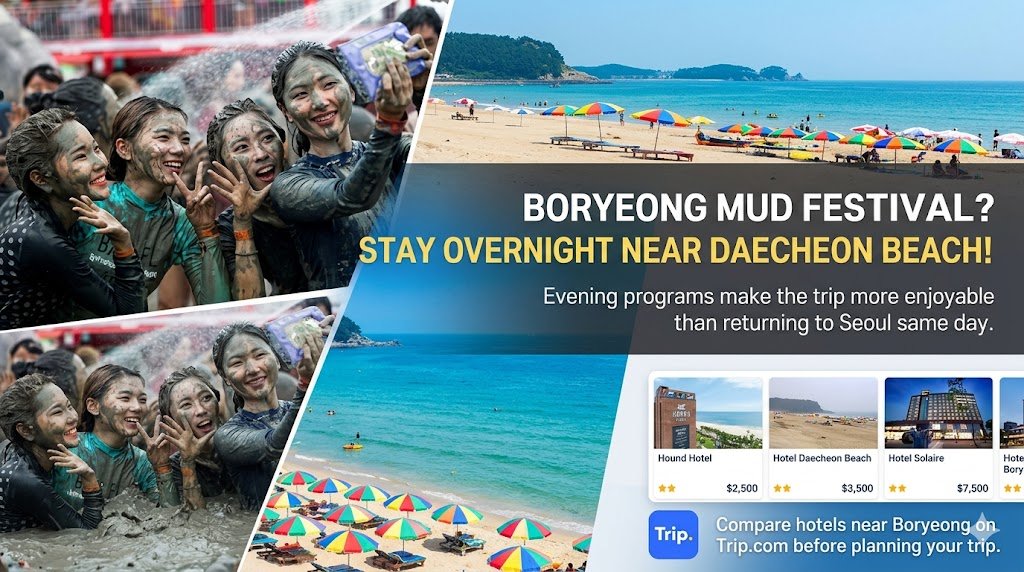 A dynamic summer banner for the Boryeong Mud Festival at Daecheon Beach, South Korea. The left side features energetic festival-goers covered in mud, laughing and enjoying water activities. The right side shows a beautiful evening view of a modern hotel overlooking the illuminated coastline of Daecheon Beach. The banner includes a subtle Trip.com promotional theme, encouraging travelers to book accommodation and stay overnight.