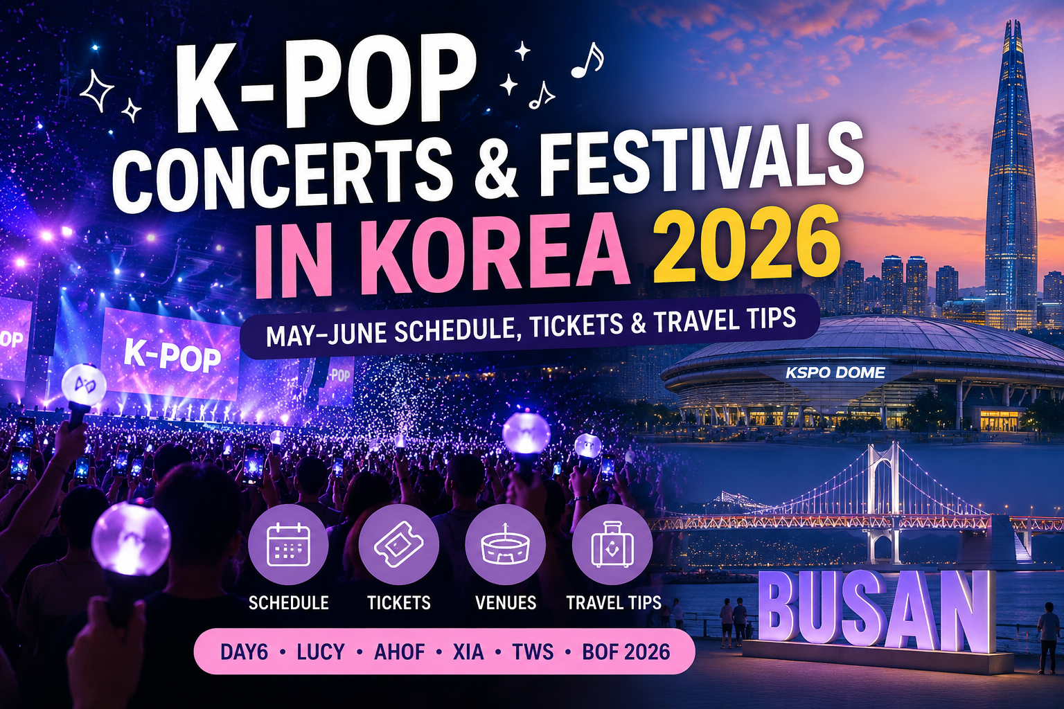 K-pop concerts and festivals in Korea 2026 featured image with concert crowd, Seoul skyline, KSPO Dome, Busan night view, and travel icons for tickets, venues, and travel tips.