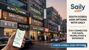 A hand holding a smartphone showing a booking confirmation and map in front of an Olive Young store and skin clinic in Seoul, promoting Saily eSIM for mobile data during a beauty and skincare trip to South Korea.