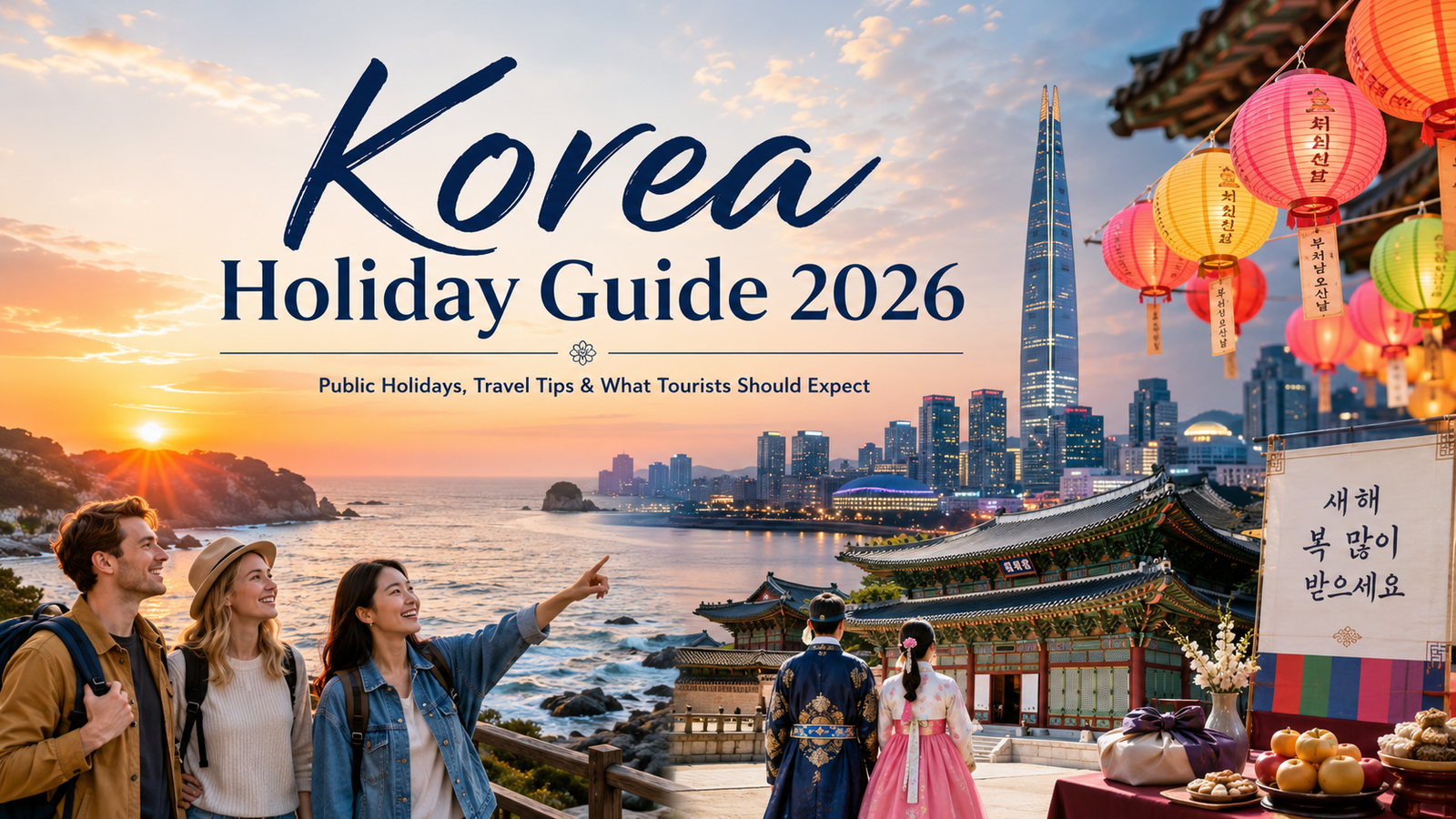 Korea Holiday Guide 2026 featured image showing New Year sunrise over the East Sea, Seoul skyline, Korean lanterns, hanbok, and travelers exploring Korean public holiday culture.