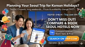 A couple planning their Seoul trip on a tablet with Trip.com, highlighting the importance of comparing hotel locations, room types, and prices during Korean public holidays.